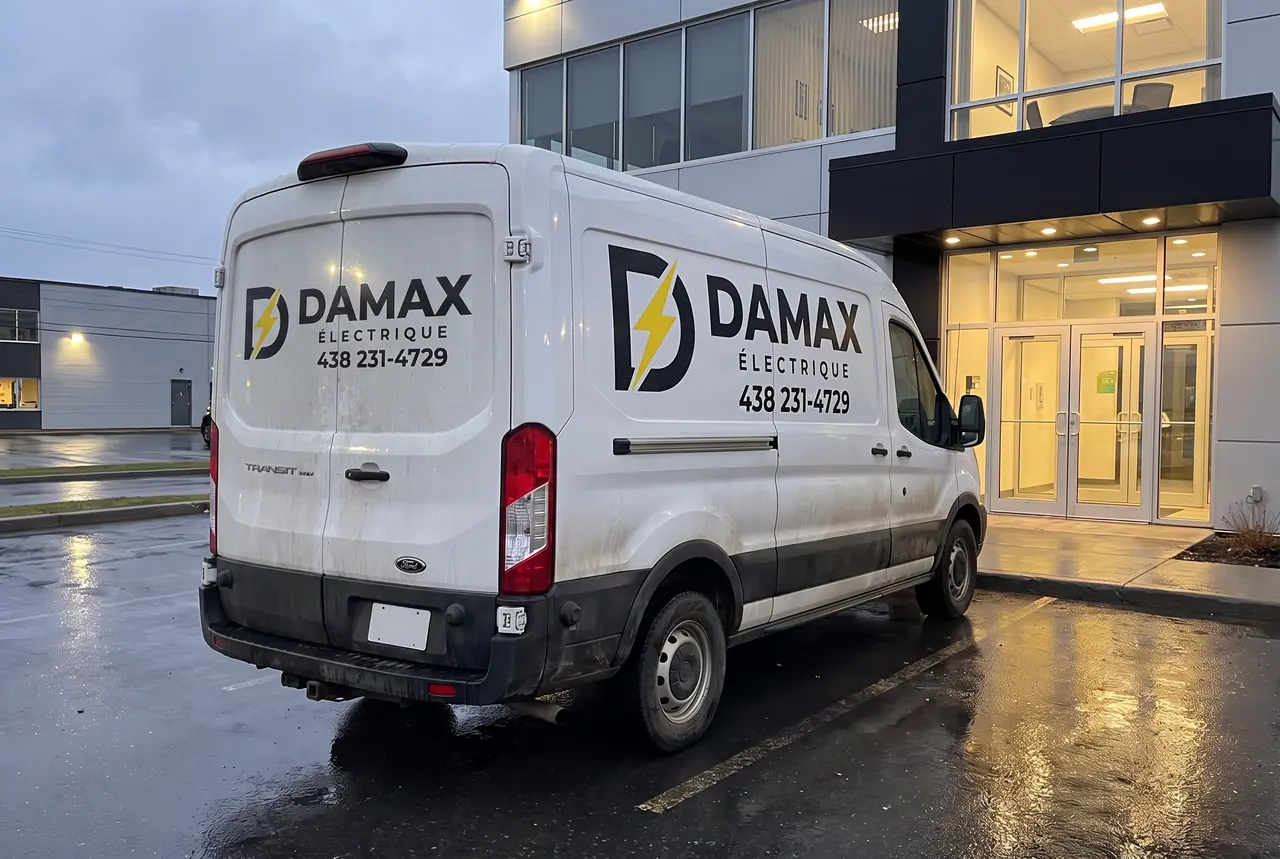 Camionnette blanche Damax électrique garée le soir devant l'entrée vitrée d'un bâtiment commercial